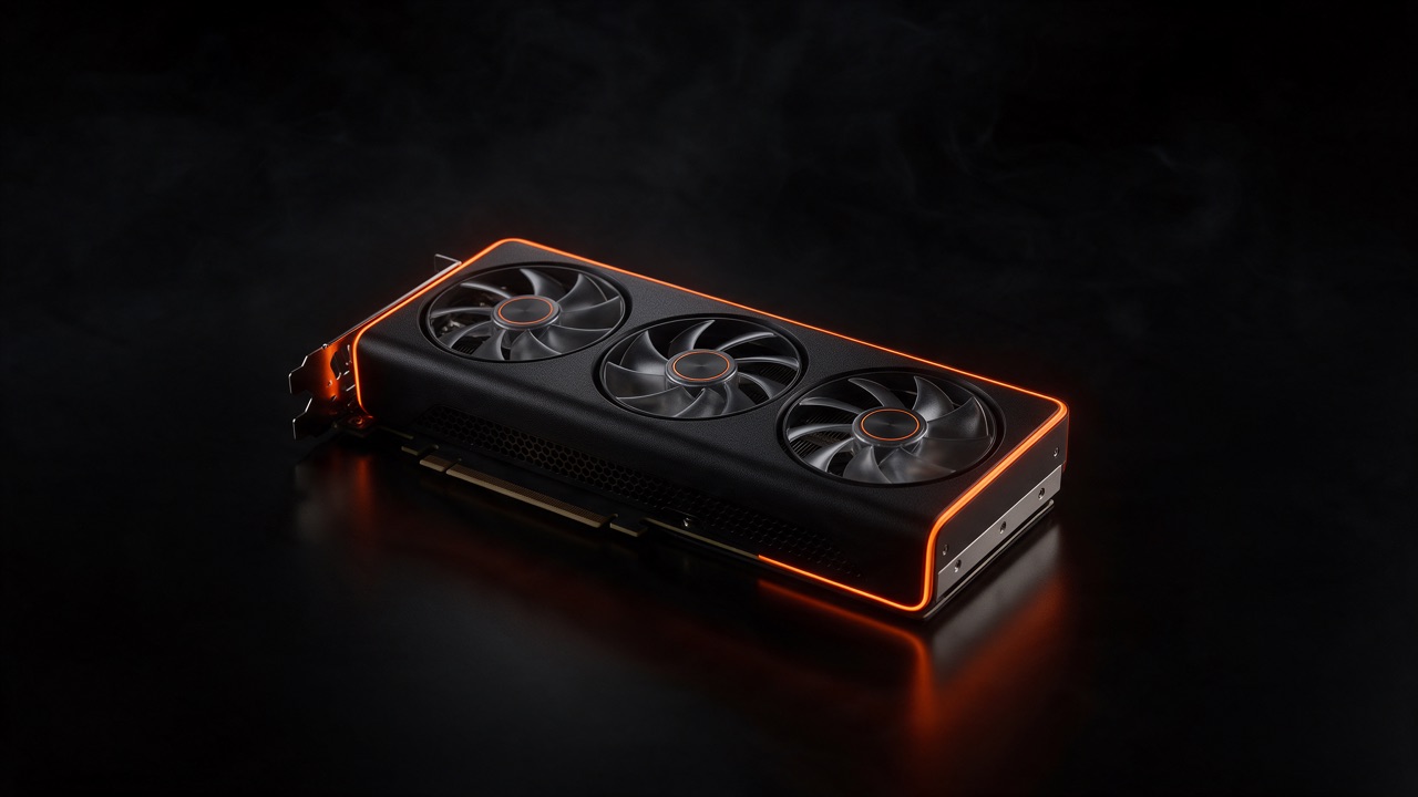 Placa de vídeo com três fans e contorno de luz laranja