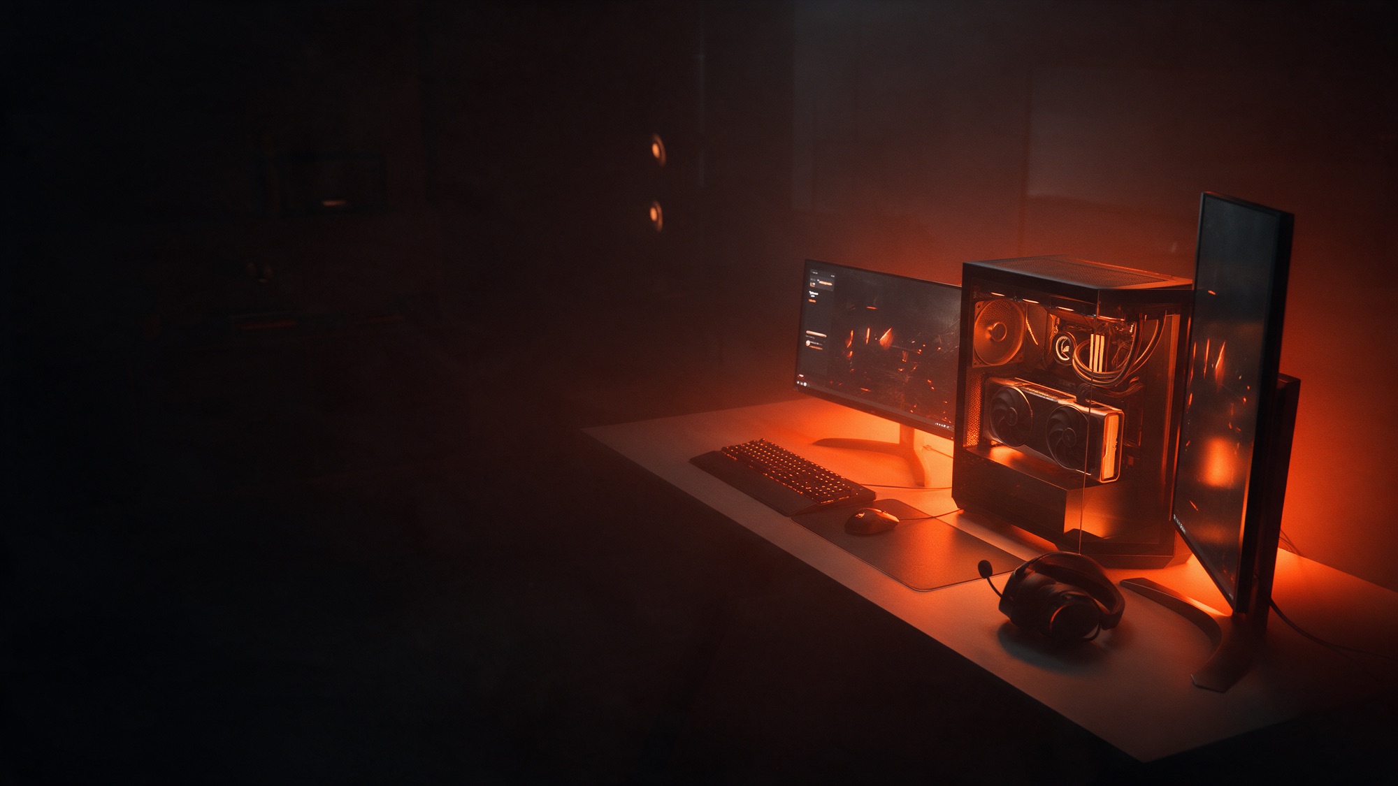 Setup gamer com PC de vidro, dois monitores e headset